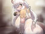  2_horns big_breasts breasts brown_eyes clothed clothing dress female gloves hair hair_over_eye handwear hi_res horn huge_breasts humanoid kemono_friends long_hair mo23 nipples one_eye_obstructed ponytail solo translucent translucent_clothing wet wet_clothing white_hair yak_(kemono_friends) yak_humanoid 