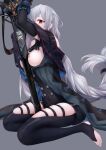  1girl absurdly_long_hair absurdres arknights black_bracelet black_gloves black_jacket black_shirt black_shorts breasts breasts_out elbow_gloves gloves grey_background grey_hair highres infection_monitor_(arknights) jacket long_hair looking_at_viewer low-tied_long_hair medium_breasts nipples open_clothes open_jacket planted planted_sword red_eyes seiza shirt shorts simple_background sitting skadi_(arknights) solo sword thigh_strap thighs very_long_hair weapon xo_(xo17800108) 