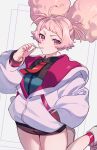  1girl afro_puffs asticassia_school_uniform candy chuatury_panlunch cow_(shadow) double_bun food green_jacket gundam gundam_suisei_no_majo hair_bun hand_in_pocket hand_up highres hood hoodie jacket lollipop long_sleeves looking_at_viewer necktie pink_eyes pink_hair pink_socks red_necktie school_uniform shoes sneakers socks v-shaped_eyebrows white_footwear white_hoodie 