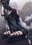  1girl absurdly_long_hair absurdres arknights black_bracelet black_gloves black_jacket black_shirt black_shorts breasts elbow_gloves gloves grey_hair highres infection_monitor_(arknights) jacket long_hair looking_at_viewer low-tied_long_hair medium_breasts open_clothes open_jacket planted planted_sword red_eyes seiza shirt shorts sitting skadi_(arknights) solo sword thigh_strap thighs very_long_hair weapon xo_(xo17800108) 