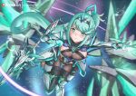  1girl aegis_sword_(xenoblade) bangs breasts chascoby chest_jewel earrings gem gloves greek_text green_eyes green_hair high_heels highres jewelry large_breasts long_hair pneuma_(xenoblade) ponytail solo swept_bangs tiara very_long_hair xenoblade_chronicles_(series) xenoblade_chronicles_2 