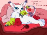  &lt;3 2016 anthro bandai_namco blue_eyes claws dialogue digimon digimon_(species) domestic_cat ear_tuft fangs felid feline felis female flower gatomon heart_pillow holidays jimfoxx looking_at_viewer lying mammal markings on_side open_mouth pillow plant pose raised_tail red_rose ring_(marking) ringtail rose_(flower) signature solo tail_markings tail_tuft text tongue tuft valentine&#039;s_day whiskers white_body wide_eyed 