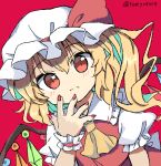  1girl ascot bangs closed_mouth crystal english_commentary flandre_scarlet hat hat_ribbon highres looking_at_viewer mob_cap one_side_up ramudia_(lamyun) red_background red_eyes red_nails ribbon short_sleeves simple_background solo touhou twitter_username upper_body white_headwear wings wrist_cuffs yellow_ascot 