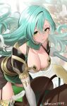  1girl aqua_hair armor bangs breastplate breasts chloe_(fire_emblem) cleavage feathered_wings fire_emblem fire_emblem_engage garter_straps gloves green_eyes haru_(nakajou-28) highres holding holding_polearm holding_weapon horse large_breasts long_hair pegasus pegasus_knight_uniform_(fire_emblem) pegasus_wings polearm shoulder_armor smile swept_bangs thighhighs weapon wings 