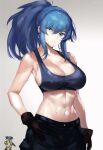  1girl abs black_pants black_tank_top blue_eyes blue_hair breasts chibi cleavage covered_nipples earrings gloves jewelry large_breasts leona_heidern midriff muscular muscular_female pants ponytail repencelife solo sweat tank_top the_king_of_fighters triangle_earrings 