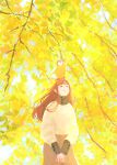  1girl animal_on_head autumn autumn_leaves bird brown_hair brown_skirt closed_eyes day facing_viewer ginkgo highres long_sleeves on_head original outdoors penguin scenery skirt smile standing sweater tabi_(tabisumika) yellow_theme 