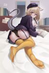  1girl :3 absurdres animal_ear_fluff animal_ears arknights ass bed_sheet black-framed_eyewear black_bra black_headwear black_jacket black_panties black_skirt blonde_hair blush book bra breasts cameltoe closed_mouth feet from_behind garter_straps gins glasses hat highres holding holding_pen indoors jacket large_breasts legs long_sleeves looking_at_viewer looking_back miniskirt no_shoes official_alternate_costume on_bed open_book open_clothes open_jacket panties pen plaid plaid_skirt pleated_skirt purple_eyes semi-rimless_eyewear short_hair skirt smile soles solo tail thighhighs toes under-rim_eyewear underwear upskirt utage_(arknights) utage_(disguise)_(arknights) yellow_thighhighs 