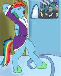  2016 bathrobe blue_body clothing equid equine eyes_closed female feral friendship_is_magic hair hands_behind_head hasbro hi_res horse jimfoxx mammal multicolored_hair multicolored_tail my_little_pony open_mouth pegasus pony poster rainbow_dash_(mlp) rainbow_hair rainbow_tail robe slippers solo standing_on_hind_legs teeth tongue window wings 