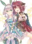  2girls :d atelier_(series) atelier_sophie atelier_sophie_2 blush breasts coat frills green_eyes hair_ornament highres jewelry long_hair long_sleeves medium_breasts multiple_girls necklace open_mouth plachta red_hair short_hair skirt smile sophie_neuenmuller thighhighs udaha283 