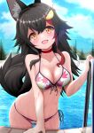 1girl :d animal_ears bakko bikini black_hair breasts chain-link_fence fence highres hololive leaf_print long_hair medium_breasts multicolored_hair ookami_mio orange_eyes pool red_hair smile swimsuit tail two-tone_hair virtual_youtuber water wet wolf_ears wolf_girl wolf_tail 