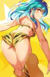  1girl animal_print ass back bangs bare_shoulders bikini blush closed_mouth from_behind green_hair highres horns long_hair looking_at_viewer looking_back lum michairu oni oni_horns print_bikini print_footwear shoulder_blades solo strapless strapless_bikini swimsuit tiger_print urusei_yatsura yellow_bikini yellow_eyes 