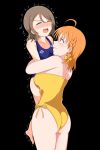  2girls absurdres ahoge ass bare_shoulders bearhug black_background blue_one-piece_swimsuit blush bow braid brown_hair catfight closed_eyes collarbone commentary_request competition_swimsuit grin hair_bow highres looking_at_another love_live! love_live!_sunshine!! milliani multiple_girls one-piece_swimsuit open_mouth orange_hair simple_background smile sweat swimsuit takami_chika trembling watanabe_you wrestling yellow_one-piece_swimsuit 