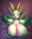  2022 absurd_res anthro areola areola_slip bed big_breasts blue_eyes breasts cleavage clothed clothing female furniture generation_5_pokemon glowing glowing_eyes hi_res holding_viewer huge_breasts june_greenfield looking_at_viewer lying mousepad_design nintendo nipple_slip nipples on_bed pokemon pokemon_(species) r-mk reptile scalie serperior smile snake solo video_games 