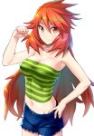  1girl amou_kanade bare_shoulders breasts chikugen_shiina cleavage closed_mouth denim denim_shorts long_hair looking_at_viewer navel red_eyes red_hair senki_zesshou_symphogear shorts simple_background smile solo striped white_background 