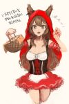  1girl animal_ears ashigara_(kancolle) basket breasts brown_eyes brown_hair bustier capelet cosplay cowboy_shot fang fujinozu hairband highres kantai_collection little_red_riding_hood little_red_riding_hood_(grimm) little_red_riding_hood_(grimm)_(cosplay) long_hair medium_breasts nail_polish red_capelet red_hood red_nails red_skirt simple_background skirt solo tail translation_request wavy_hair white_background wolf_ears wolf_tail 