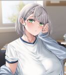  1girl bangs blurry blurry_background blush braid breasts green_eyes grey_hair grey_jacket gym_shirt gym_uniform hair_ornament hololive indoors jacket large_breasts looking_at_viewer moisture_(chichi) parted_lips shirogane_noel shirt upper_body white_shirt window x_hair_ornament 
