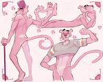  absurd_res anthro cane clothing diamond_(gem) felid fur gem hat headgear headwear hexedcoin hi_res male mammal pantherine pink_body pink_fur pink_panther slim solo t-shirt_only top_hat 
