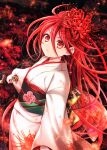  1girl bangs commentary_request flower hair_between_eyes hair_flower hair_ornament highres holding holding_sword holding_weapon japanese_clothes katana kimono long_hair long_sleeves looking_at_viewer obi parted_lips red_eyes red_flower red_hair sash shakugan_no_shana shana solo spider_lily sword tachitsu_teto v-shaped_eyebrows very_long_hair weapon white_kimono 