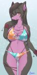  1:2 amber_eyes anthro arumo big_breasts bikini biped black_body black_fur black_nose breasts canid canine canis chest_tuft clothing exy female fur hair hi_res inner_ear_fluff long_hair mammal purple_body purple_fur smile solo straps swimwear tuft virtual_youtuber wolf wristband 