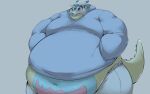  2020 animal_skin anthro bandai_namco belly belly_overhang belly_squish big_belly big_butt big_moobs blue_clothing blue_hoodie blue_stripes blue_topwear blush bottomwear butt chubby_cheeks clothing cute_fangs digimon digimon_(species) double_chin fat_arms fat_rolls fur gabumon hand_in_pocket hi_res hoodie horn hyper hyper_belly lookin_at_viewer male moobs navel obese orange_eyes overweight pants pockets portrait saintdraconis shy simple_background solo squish standing stripes thick_arms thick_thighs three-quarter_portrait tight_clothing topwear white_body white_fur wide_hips yellow_body 