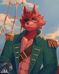  2022 abs anthro canid canine clothed clothing digital_media_(artwork) eye_patch eyewear five_nights_at_freddy&#039;s fox foxy_(fnaf) fur hi_res hook hook_hand male mammal muscular muscular_anthro muscular_male open_clothing open_topwear overcoat pecs pirate red_body red_fur scottgames selada single_tooth sky sky_background solo topwear video_games yellow_eyes 