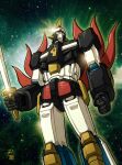  absurdres clenched_hand daniele_rudoni full_body highres holding holding_sword holding_weapon kingstar mecha no_humans pierucciniriccardo robot space sword time_bokan_(series) weapon yattodetaman 
