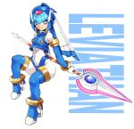  1girl android blue_eyes blue_hair bodysuit boots breasts character_name closed_mouth commentary covered_navel full_body gloves helmet high_heels highres holding holding_weapon invisible_chair leviathan_(mega_man) looking_at_viewer medium_breasts mega_man_(series) mega_man_zero polearm shimosuke sitting smile solo spear thigh_boots thighhighs weapon 