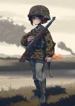  1girl absurdres battle_rifle bolt_action boots brown_hair burning camouflage camouflage_helmet camouflage_jacket cloud cloudy_sky commission erica_(naze1940) grass gun helmet highres jacket mauser_98 original rifle shaded_face sky smoke solo weapon weapon_request world_war_ii 