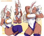  1girl adjusting_clothes adjusting_leotard alternate_hairstyle animal_ears arm_behind_head armpits arms_up ass bangs bare_shoulders boku_no_hero_academia breasts contrapposto covered_navel crescent_print crossed_legs dark-skinned_female dark_skin dashi fur_collar gloves hands_on_own_ass highleg highleg_leotard highres large_breasts leotard long_eyelashes long_hair looking_at_viewer looking_down mirko multiple_views parted_bangs patreon_username ponytail pulled_by_self purple_thighhighs rabbit_ears rabbit_girl rabbit_tail red_eyes short_hair sleeveless_turtleneck_leotard sparkle tail tail_through_clothes taut_leotard thick_thighs thighhighs thighs toned white_gloves white_hair white_leotard 