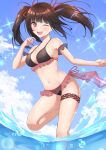  1girl ;d absurdres bangs bare_arms bare_shoulders bikini black_bikini black_bra black_hair blunt_bangs bra breasts cleavage cloud commentary_request date_a_live dot_nose evjvd frilled_skirt frills hair_ribbon happy highres holding_hands knee_up looking_at_viewer medium_breasts microskirt navel one_eye_closed open_mouth outdoors red_eyes red_ribbon ribbon see-through side-tie_skirt skirt sky smile sparkle splashing standing standing_on_one_leg swimsuit thigh_strap tokisaki_kurumi twintails underwear water 