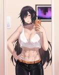  1girl abs artist_name bangs bare_shoulders belt black_choker black_pants breasts brown_hair choker cleavage closed_mouth commission crop_top hair_over_one_eye hand_on_hip highres holding holding_phone hunyan indoors long_hair looking_at_viewer mirror muscular muscular_female navel original pants phone picture_frame selfie sera_(judgemint) shirt solo tongue tongue_out white_shirt 
