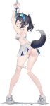  1girl aliasing animal_ears arms_up ass back bangs bare_shoulders black_hair blue_archive blue_eyes blush bound bound_wrists breasts censored cheerleader crop_top dog_ears dog_girl dog_tail feint721 from_behind full_body goggles goggles_on_head halo hibiki_(blue_archive) hibiki_(cheerleader)_(blue_archive) highres jpeg_artifacts long_hair looking_at_viewer looking_back mosaic_censoring official_alternate_costume paid_reward_available panties panty_pull purple_eyes rope skirt solo sweatdrop tail twintails underwear wardrobe_malfunction white_panties 