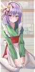  1girl absurdres aohane apron blurry blurry_background flower green_kimono hair_flower hair_ornament hieda_no_akyuu highres japanese_clothes kimono looking_at_viewer maid_apron maid_headdress purple_eyes purple_hair red_ribbon ribbon sitting smile solo touhou wa_maid wariza white_apron 