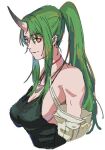  1girl arknights arm_rest bangs bare_shoulders breasts from_side ganamiya8 green_hair green_tank_top halterneck high_ponytail horns hoshiguma_(arknights) jewelry large_breasts long_hair neck_ribbon necklace oni_horns red_ribbon ribbon sidelocks single_horn skin-covered_horns smile tank_top upper_body white_background yellow_eyes 
