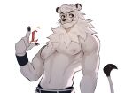  anthro black_tail_tuft black_tipped_ears felid fur gesture hexedcoin hi_res leo_(saitama_seibu_lions) lion male mammal mane mascot nipples nippon_professional_baseball pantherine pecs saitama_seibu_lions solo whiskers white_body white_fur white_mane wristband 