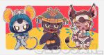  1other 2girls ambiguous_gender animal animal_ears animal_on_arm animification apex_legends ash_(titanfall_2) bat_(animal) bat_ears bat_tail bird bird_tail black_sclera bloodhound_(apex_legends) brown_hair brown_jacket chibi colored_sclera commentary cracked_skin crossed_legs crow dark-skinned_female dark_skin echo_(apex_legends) edorai goggles head_tilt highres holding holding_animal hood hood_up jacket kemonomimi_mode metal_skin mouse mouse_ears mouse_tail multiple_girls rebreather symbol-only_commentary tail vantage_(apex_legends) winged_arms wings yellow_eyes 