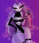  aksiradik anthro avian bedroom_eyes bird bracelet breasts clothing female hair helluva_boss jewelry lingerie long_hair looking_at_viewer narrowed_eyes owl owl_demon pink_eyes purple_background seductive simple_background smile smirk solo spiked_bracelet spikes standing stella_(helluva_boss) thick_thighs 