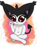  anthro black_body black_fur black_sclera crossed_legs cute_expression ear_tuft espurrito felid feline female flat_chested forked_tail fur gesture hi_res introduction looking_at_viewer mammal navel pawpads red_eyes sitting solo tuft unusual_anatomy unusual_tail waving waving_at_viewer white_body young 