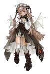  1girl antenna_hair black_bow black_bowtie black_footwear bow bowtie brown_eyes brown_hair footwear_bow full_body hand_up highres kichiya long_hair long_sleeves looking_at_viewer original shirt standing thighhighs very_long_hair white_shirt white_wings wings 