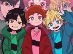  3boys black_hair blonde_hair boomer_(ppg) brick_(ppg) butch_(ppg) cartoon_network child commentary_request facing_viewer green_eyes gurin._(desuna) highres jacket long_sleeves looking_at_viewer male_child male_focus multiple_boys open_mouth powerpuff_girls red_eyes rowdyruff_boys short_hair smile teeth v 