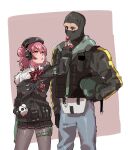  1boy 1girl beret blush candy crossover food girls&#039;_frontline hat height_difference highres lollipop mp7_(girls&#039;_frontline) off_shoulder pantyhose pleated_skirt rainbow_six_siege red_hair sanso_(kasyawamoti) side_ponytail skirt 