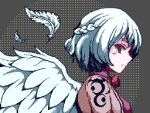 1girl braid closed_mouth feathers french_braid from_side grey_background kappalabo kishin_sagume pixel_art red_eyes short_hair solo touhou upper_body white_feathers white_hair white_wings wings 