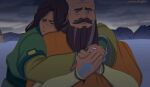  1boy 1girl artist_name avatar_(series) bald beard brown_eyes brown_hair cosmicdraghon facial_hair freckles grey_sky highres hug hug_from_behind kelsang_(avatar) kyoshi_(avatar) long_sleeves mustache outdoors robe tattoo 