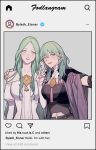  2girls bare_shoulders byleth_(fire_emblem) byleth_(fire_emblem)_(female) commentary_request dress english_text enlightened_byleth_(female) fake_screenshot fire_emblem fire_emblem:_three_houses green_eyes green_hair hand_up hands_on_another&#039;s_shoulders highres ikarin instagram jewelry looking_at_viewer multiple_girls navel open_mouth rhea_(fire_emblem) smile v white_dress yuri 