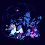  1other 3boys 3girls :d armlet axe ball_and_chain_(weapon) berdly_(deltarune) black_background black_hair blonde_hair blush bracelet crossed_arms cup deltarune drinking_glass english_commentary furry heart highres horns jewelry kris_(deltarune) laughing medium_hair multiple_boys multiple_girls noelle_holiday queen_(deltarune) ralsei sea-beam smile snowflakes spamton_neo spiked_armlet spiked_ball_and_chain spiked_bracelet spikes susie_(deltarune) swatchling_(deltarune) tasque_(deltarune) wine_glass 