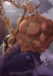  1boy absurdres bara beard bracelet chest_hair crown dark_skin facial_hair grey_sky harp head_fins highres instrument jewelry large_pectorals makoto_kidai male_focus manboobs merman monster_boy muscular muscular_male music navel open_mouth original outdoors pectorals playing_instrument sitting skull solo tan treasure_chest 