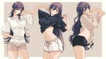  1girl alternate_hairstyle ass bangs black_hair black_shirt breasts clothes_lift clothes_pull collarbone commentary hand_on_own_chin highres idolmaster idolmaster_shiny_colors l&#039;antica_(idolmaster) large_breasts long_hair looking_at_viewer midriff multiple_views navel one_eye_closed open_mouth oversized_clothes paddy_field shirase_sakuya shirt shirt_pull short_shorts shorts simple_background smile standing stretching thighs underboob white_shirt yellow_eyes 