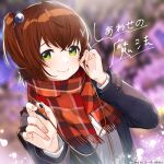  1girl booota brown_hair closed_mouth coat denonbu earphones green_eyes hair_ornament hidaka_reina_(denonbu) long_sleeves looking_at_viewer official_art red_scarf scarf shirt side_ponytail smile solo white_shirt winter_clothes winter_coat 