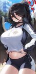  1girl :t absurdres belly bike_shorts black_choker black_hair blue_archive blue_sky blush breasts building choker cloud day dot_nose gym_uniform hair_between_eyes halo hasumi_(blue_archive) hasumi_(gym_uniform)_(blue_archive) high_ponytail highres hutosutoro jacket large_breasts mole mole_under_eye navel official_alternate_costume outdoors ponytail pout raised_eyebrows red_eyes shirt shirt_tug short_shorts shorts sky solo stomach sweat taut_clothes thighs tight track_jacket tree undersized_clothes white_shirt 