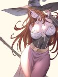  1girl bare_shoulders black_headwear breasts brown_eyes brown_hair carcass_(artist) cleavage closed_mouth collarbone dragon&#039;s_crown hair_over_one_eye hat highres holding holding_staff large_breasts long_hair looking_away looking_to_the_side simple_background smile solo sorceress_(dragon&#039;s_crown) staff thighs witch_hat yellow_background 
